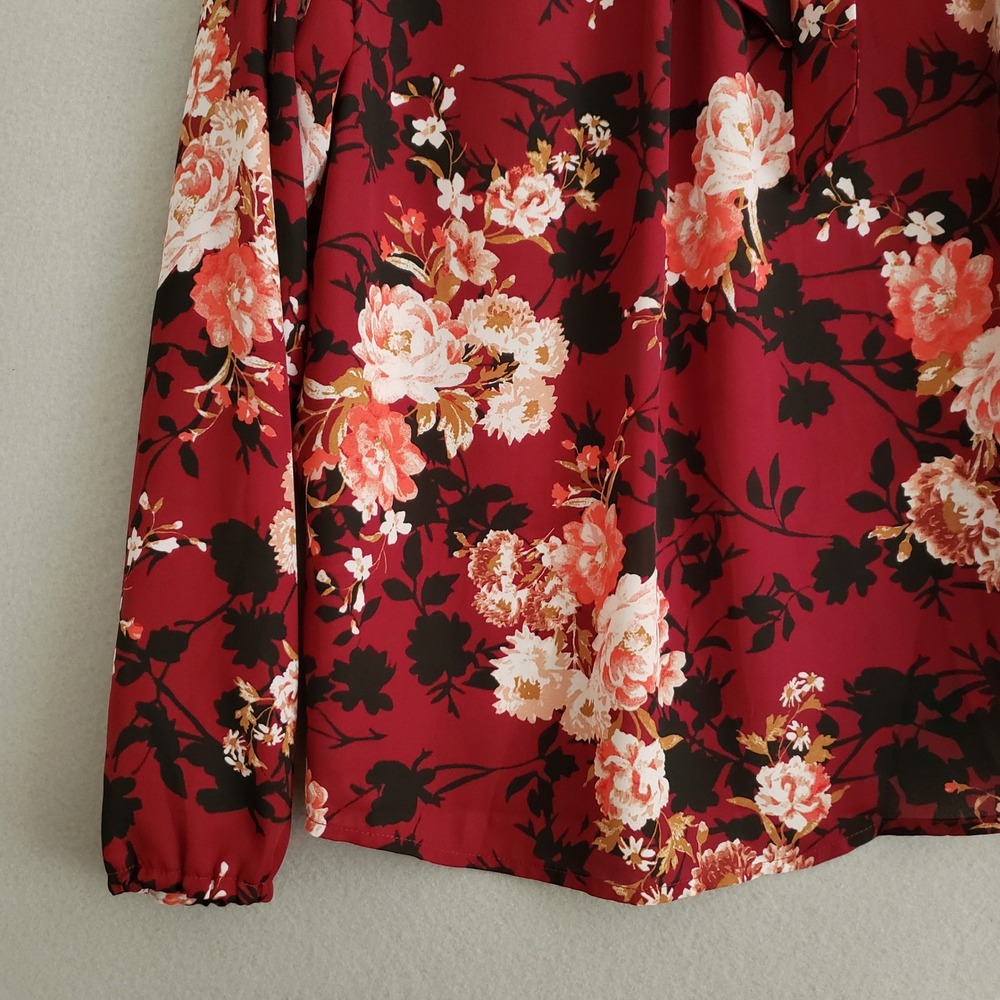 CURE. Womens M Blouse Burgundy Floral Tie Neck Long Sleeve Career Top M4-2924 - Picture 8 of 13